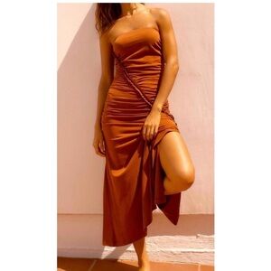 By Anthropologie Strapless Ruched Midi Tube Dress